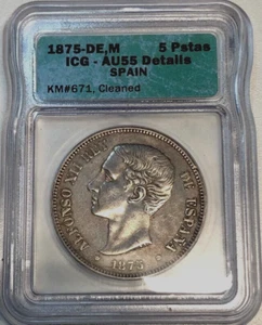 Spain, 1875 DE-M, 5 Pesetas, ICG-AU55-Cleaned, Nice silver large coin - Picture 1 of 4