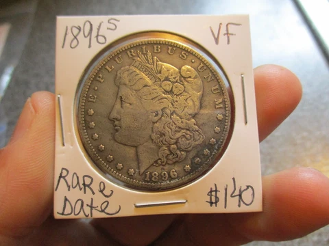 1896's MORGAN SILVER DOLLAR in VERY FINE condition, RARE DATE, NICE COIN Cover