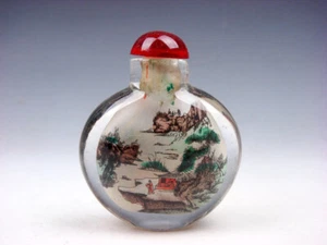 Botella de tabaco pintada a mano reverso paisaje pueblo interior vidrio de Pekín #07292214 - Imagen 1 de 5