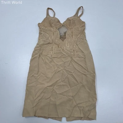 Vintage 90s Gai Mattiolo Tan Beaded Mesh Cutout Bodycon Dress Women's Size 46 - Image 1 of 4