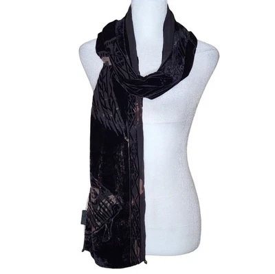 Cachecol vintage anos 90 Susan Unger marrom seda veludo burnout - Imagem 1 de 4