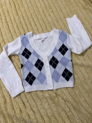 Suéter corto para mujer colegiala, manga larga, inclinación completa, blanco y azul pequeño Foto 1 de 4