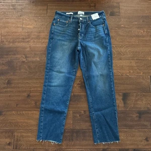 Neu mit Etikett Universal Thread Mid Rise 80er Slim Jeans Medium Denim roher Saum Damen 6 - Bild 1 von 11