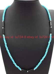 Natural 4mm Blue Turquoise Black Agate Gemstone Round Beads Necklace 16-28in - Picture 1 of 12