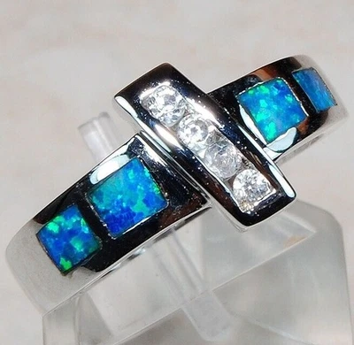 Australian Opal Inlay & Topaz 925 Solid Sterling Silver Ring Sz 7 DT3 - Image 1 of 2