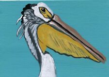 ACEO ATC Original Painting White Pelican Bird  Wildlife Art -C. Smale
