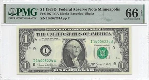 1969D $1 MINNEAPOLIS FRN. PMG GEM Uncirculated 66 EPQ Banknote. - Picture 1 of 2