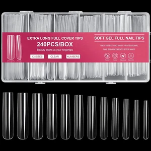 AORAEM Extra Long Square Full Cover Nail Tips 240PCS XXXL Clear Full Cover Fake - Picture 1 of 11