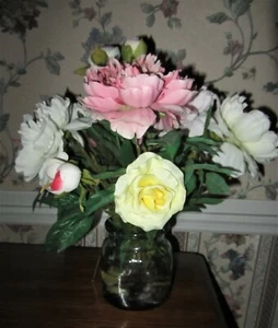 16" MIXED PEONY SILK FLOWER ARRANGEMENT-LUCITE ROCK GARDEN BASE; PINK & WHITE - Picture 1 of 6