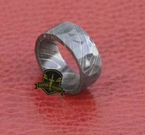 Full Damascus Steel Flat Geometric Men's Engagement 9mm Wide Band - Picture 1 of 4