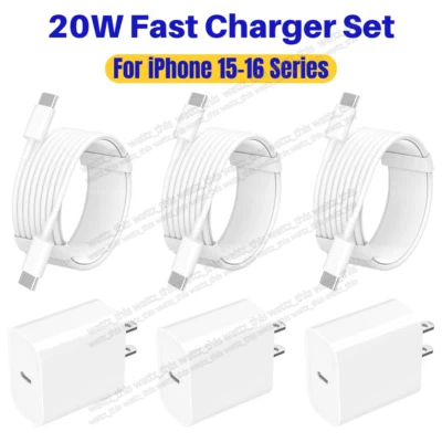 3Pack 20W PD Fast Wall Charger USC C to Type C Cable For iPhone 15 16Pro Samsung - Image 1 of 4