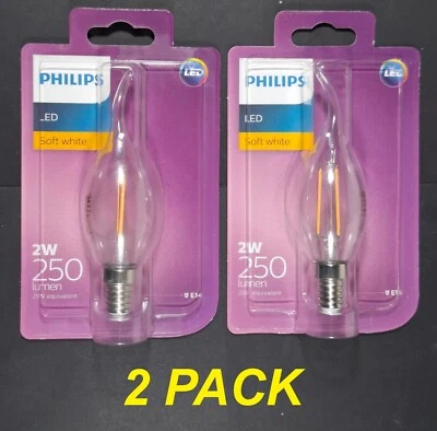 2 x 2W LED Flame Tip Candle Bulbs Lamps E14 Small Screw Warm White 2700K SES - Image 1 of 4