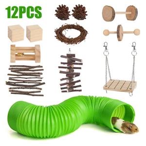 12Pc Hamster Chew Toys with Tunnel Wooden Molar Toys for Guinea Pigs Chinchillas - Picture 1 of 12