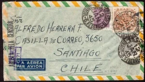 695 BRAZIL TO CHILE CENSORED AIR MAIL COVER 1945 RIO - SANTIAGO - Picture 1 of 2
