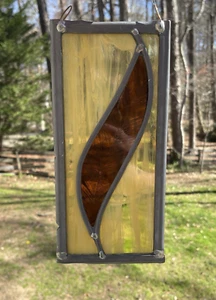 Leaded Stained Glass Suncatcher Vintage Yellow Brown Feather Leaf Hanging Window - Bild 1 von 8