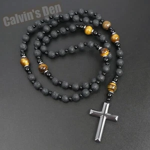 Lava Stone Tiger Eye Black Onyx Black Hematite Cross Rosary Necklace Men Gift - Picture 1 of 7