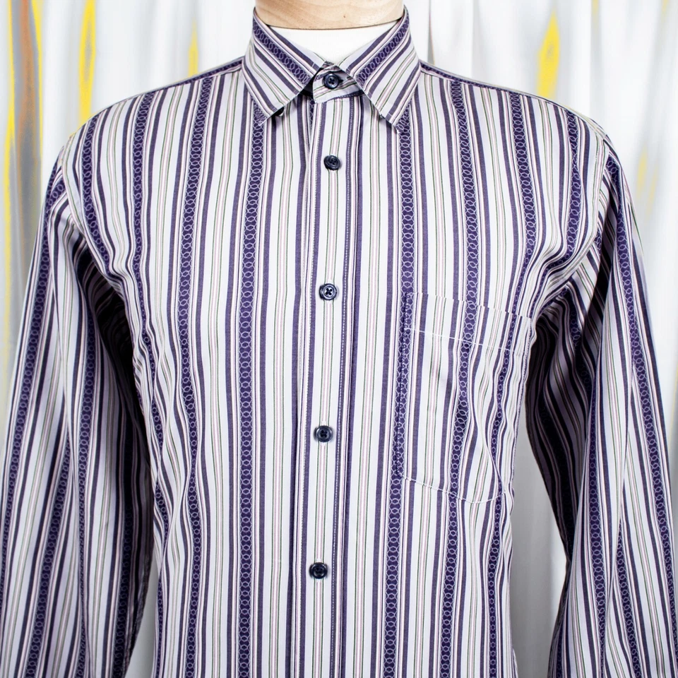 BUGATCHI Lavender Green Purple Pink White Striped Cotton Men Dress Shirt Size M - Image 1 of 4