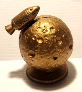 Vintage 1968 Cast Iron Moon Bank USA Apollo Moon Landing Gold Metal Decor Piece - Picture 1 of 9