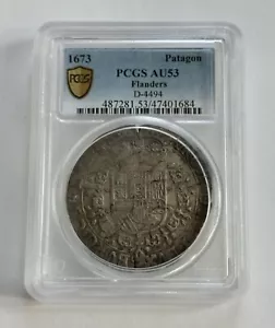 1673 Patagon Flanders, Belgian States Charles II Coin – PCGS AU53 - Picture 1 of 2