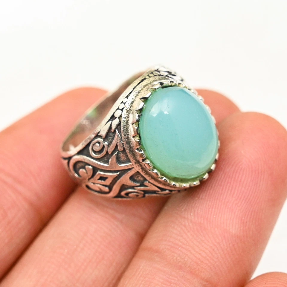 Anillo de hombre calcedonia de plata de ley 925 hecho a mano-anillo de declaración todas las tallas BJ260 Foto 1 de 3