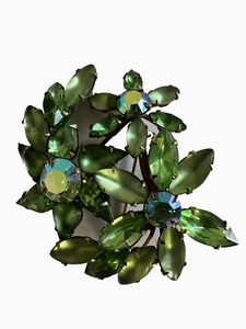 Vintage Large Green Blue Glass Rhinestone Flower Brooch Silver Tone - Picture 1 of 8