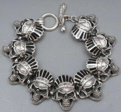 PULSERA MOTOCICLISTA DE PLATA ESTERLINA 925 CALAVERA INDIA NEGRA PESADA 8" 20,5 cm 78 g para hombre Foto 1 de 4