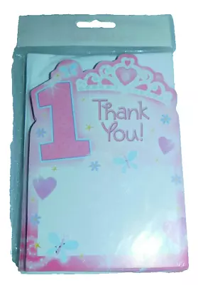1st First Birthday Princess 20 Thank You Cards Envelopes Amscan Tiara Party Pink - Image 1 of 2