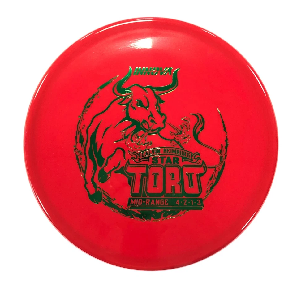 DISC GOLF INNOVA STAR TORO MID-RANGE OVERSTABLE 173-5g RED W/ GREEN HEIMBURG - Image 1 of 1