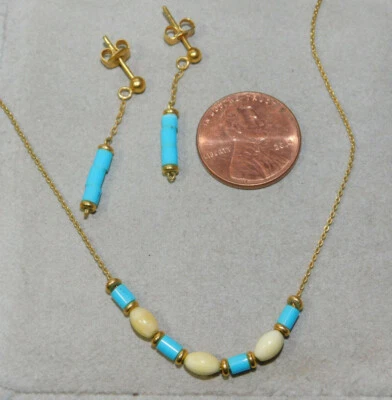 Blau Türkis Weiß Perlen Zierliche Goldkette Halskette Durchbohrte Ohrringe 3c5 - Bild 1 von 4