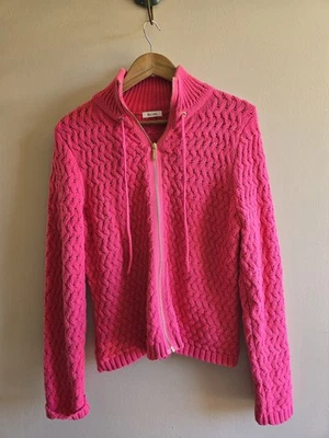 Women's VTG Y2K Liz & Co. Hot Pink Zipper Knit Chunky  Long Sleeve Cardigan   L - Image 1 of 4
