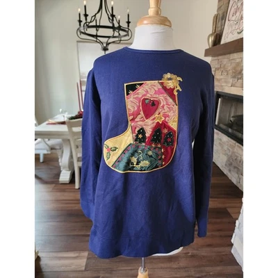 NWT Deadstock 90s Bobbie Brooks Navy Blue Christmas Stocking Sweatshirt Womens M - Image 1 of 4
