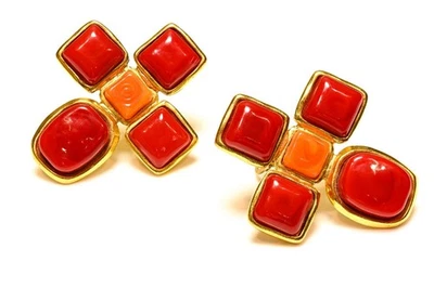Vintage Spring 1993 Chanel Gripoix Red Orange Glass Cross Earrings - Image 1 of 4