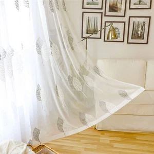 White Rod Pocket Sheer Curtains 96 inches Long Leaves Embroidered Window Curt... - Picture 1 of 7