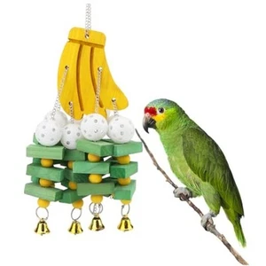 Parrot Hanging Swing Toy Bells Chew Toy Colorful Hanging Wood Block Parrot - Picture 1 of 8