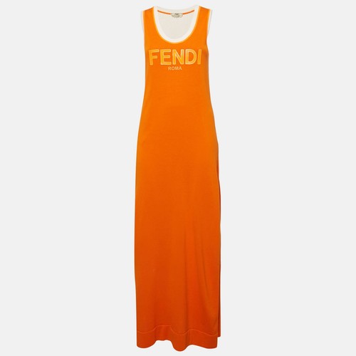 Abito lungo senza maniche Fendi arancione stampa logo maglia dettaglio pannello maglia S