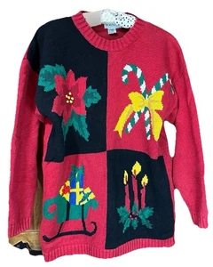 Izod Red Poinsettia Christmas Knit Crew Sweater Heavy Vintage 90’s | Women’s M - Picture 1 of 7