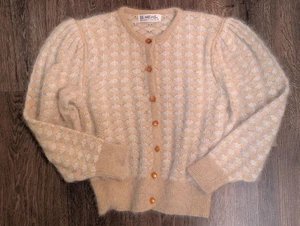 Vtg Japanese El Midas Sweater Cardigan Angora 10 Puff Sleeves Fitted Cream Small - Picture 1 of 8