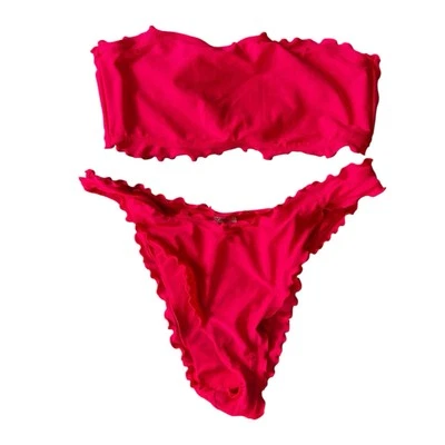 Forever21 Tube Top & Cheeky 荷叶边比基尼泳装-中号霓虹粉色 — 第 1/4 张图片