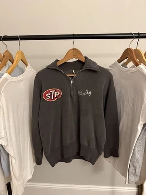 1950s Triumph STP Flocked Black Quarter Zip Sweatshirt w Chain Stitching & Patch - Image 1 of 4