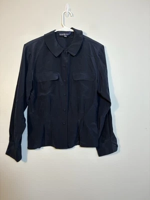 Vintage Ralph Lauren 100% Silk Button Up Blouse Navy Blue Sz 8 Preppy Office  - Image 1 of 4