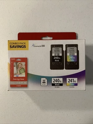 New Canon 240XL Black & 241XL Color Ink Cartridge Set + 4x6 Glossy Photo Paper - Image 1 of 4