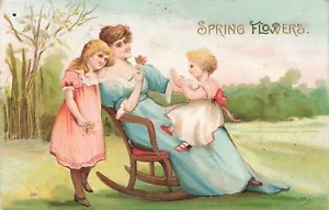 Cartolina Primavera Fiori in rilievo sedia postata mamma bambini esterno - Foto 1 di 2