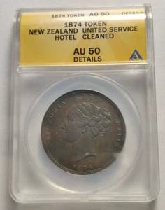 1874 New Zealand United Services Hotel Penny Token Certified AU50 Det. ANACS 3B - Picture 1 of 4