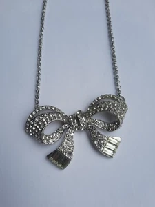 Silver Toned Clear Rhinestone Bow Necklace - Picture 1 of 12