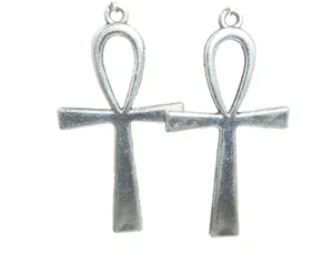 Nuovi Orecchini Pendenti Extra Large Bellissimi ANKH Argento Lucido 3" Lunghi - Foto 1 di 3