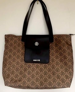 Roberto Cavalli NWOT Large Shopper In Brown Zipper Closure Logo Print On Fabric - Picture 1 of 10