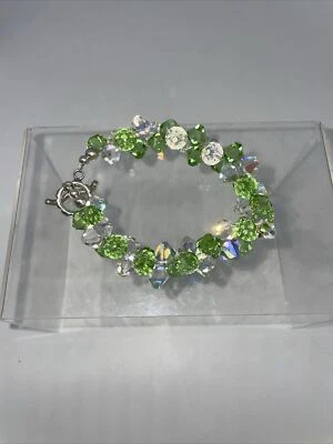 Peridot AB Crystal Bracelet Top Drilled Toggle Clasp Silver Beads 6.5” - Image 1 of 4