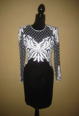 Vintage Stenay black silk white beads/sequins LS open back lined evening dress 4 - Image 1 of 4