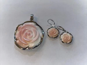 Gorgeous Coral 925 Dangle Earrings Rose Pendant 2” & Earrings - Picture 1 of 3
