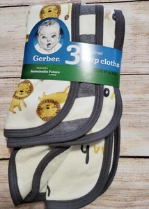 NWT Gerber Baby Boy BURP CLOTHS 3p Set Terry LIONS ROAR Grey/Ivory/Stripe GIFT - Picture 1 of 2